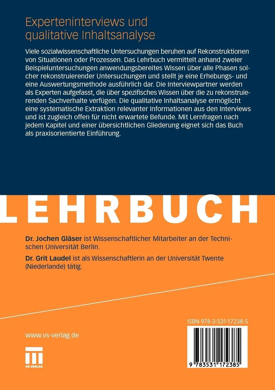 Rückseite: 9783531172385 | Experteninterviews und qualitative Inhaltsanalyse | Laudel (u. a.)