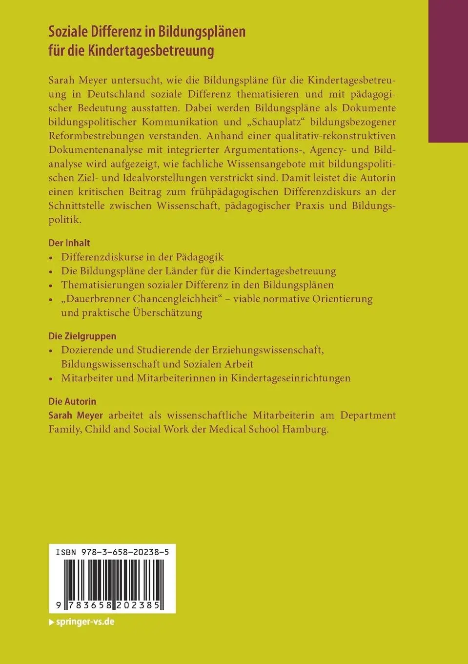 Rückseite: 9783658202385 | Soziale Differenz in Bildungsplänen für die Kindertagesbetreuung
