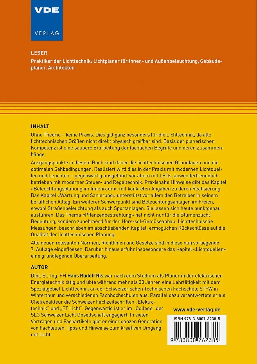 Rückseite: 9783800762385 | Beleuchtungstechnik für Praktiker | Hans Rudolf Ris | Buch | 466 S.