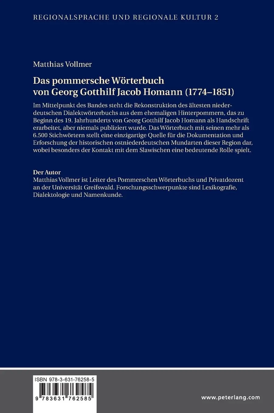 Rückseite: 9783631762585 | Das pommersche Wörterbuch von Georg Gotthilf Jacob Homann (1774-1851)