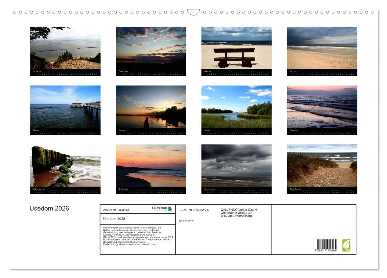 Bild: 9783516202885 | Usedom 2026 (Wandkalender 2026 DIN A2 quer), CALVENDO Monatskalender