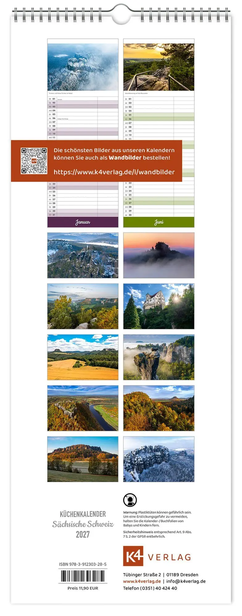 Bild: 9783912303285 | Küchenkalender Sächsische Schweiz 2027 | 15 x 40 cm weißes Kalendarium
