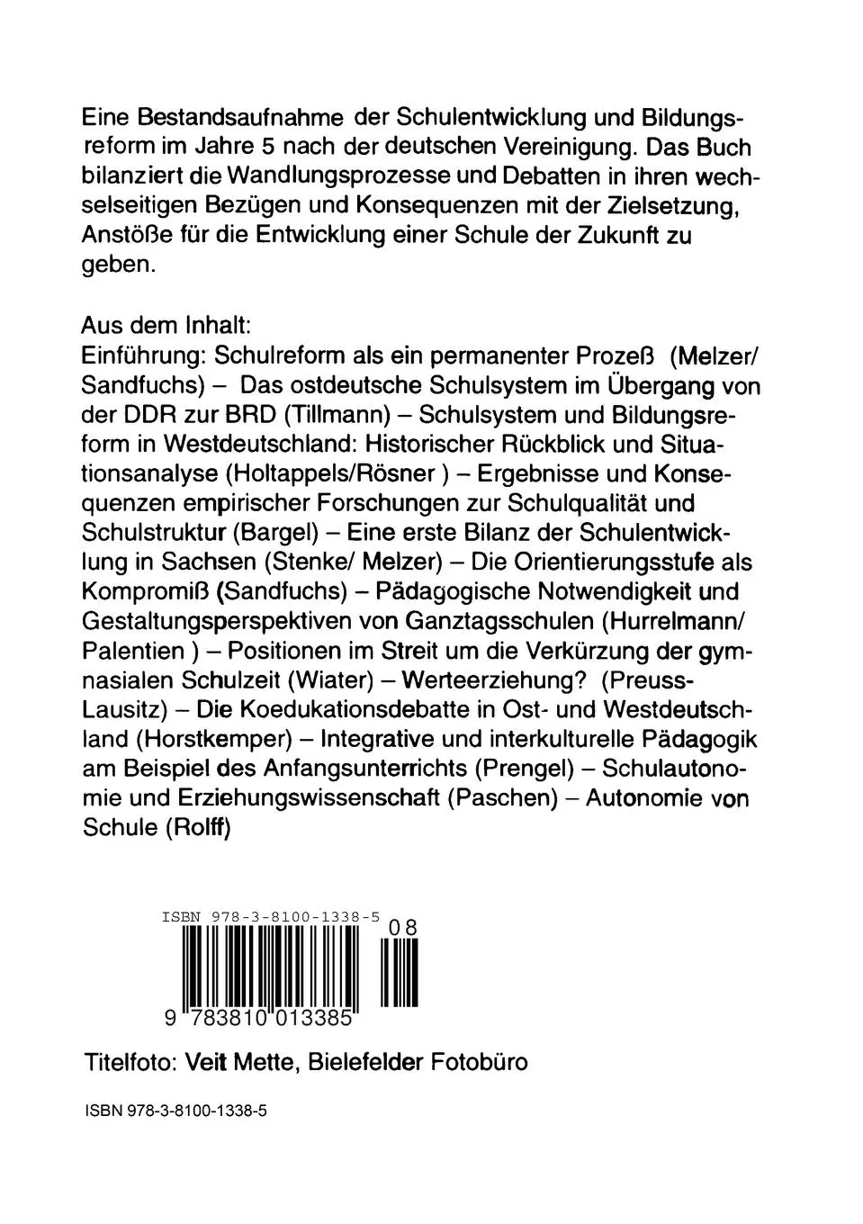 Rückseite: 9783810013385 | Schulreform in der Mitte der 90er Jahre | Wolfgang Melzer (u. a.)