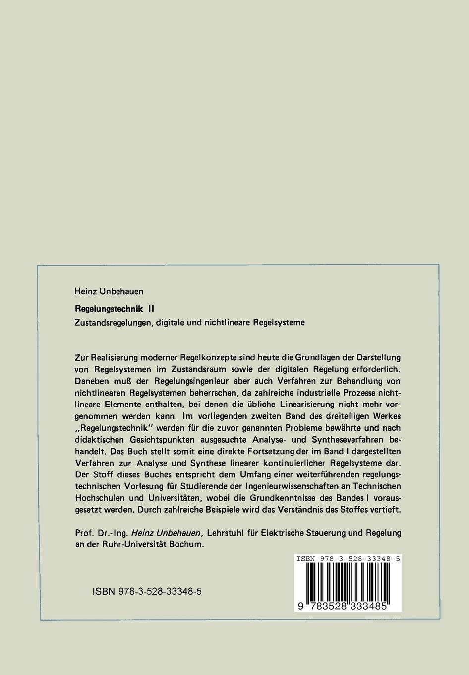 Rückseite: 9783528333485 | Regelungstechnik II | Heinz Unbehauen | Taschenbuch | xiii | Deutsch