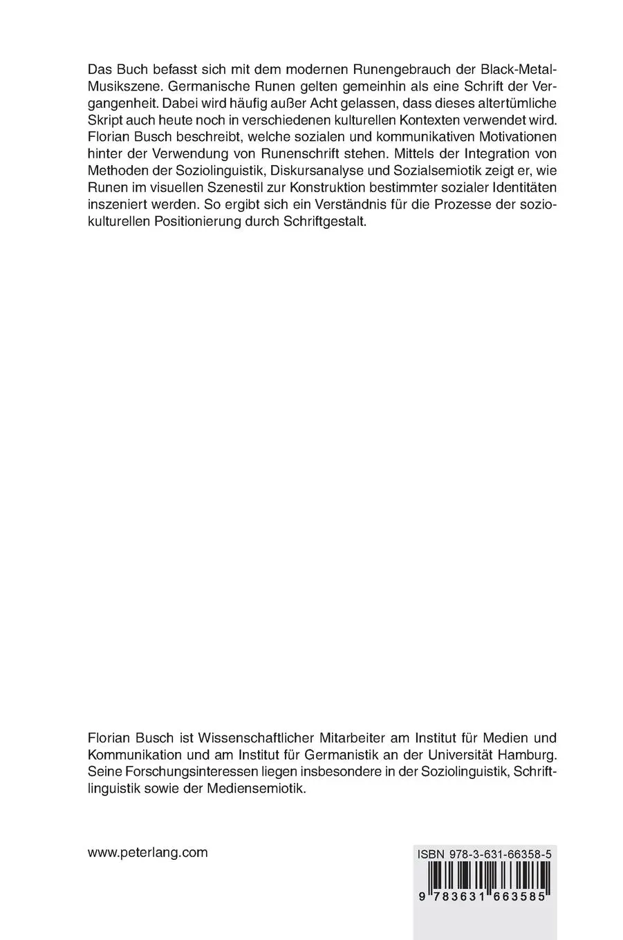 Rückseite: 9783631663585 | Runenschrift in der Black-Metal-Szene | Florian Busch | Buch | Deutsch