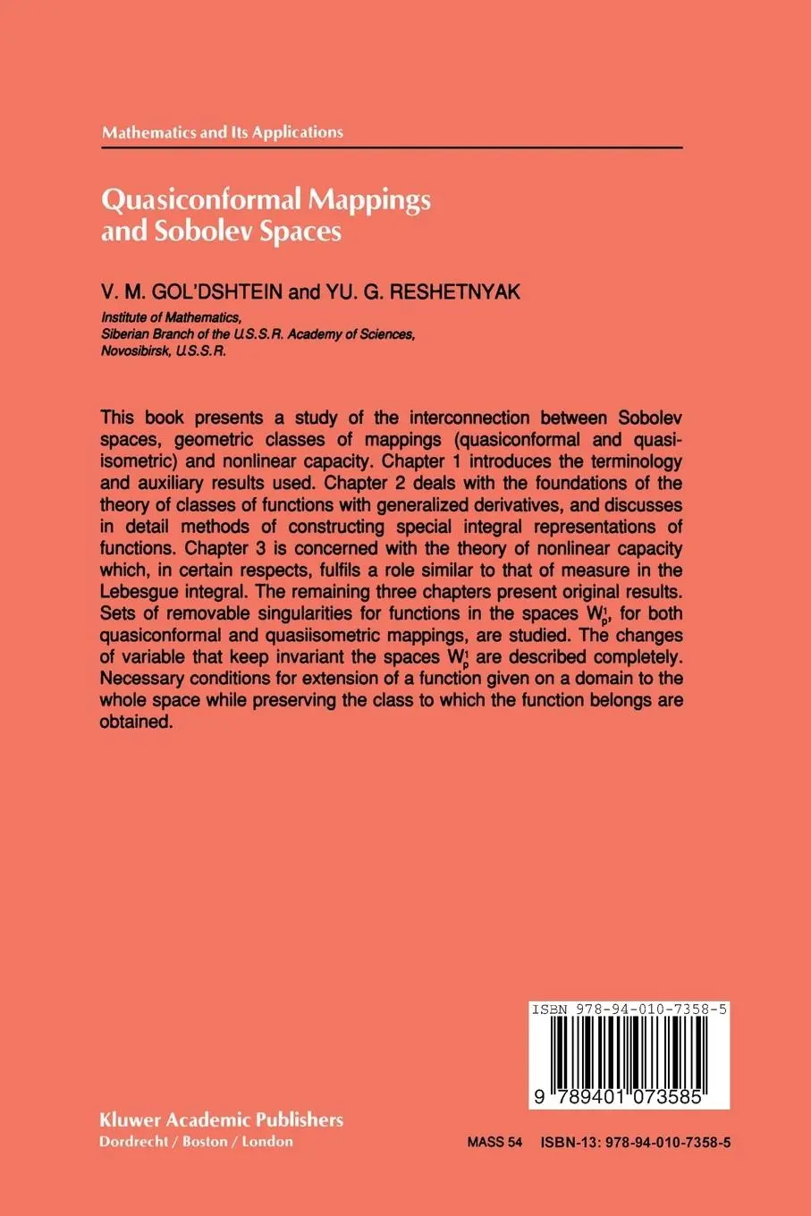 Rückseite: 9789401073585 | Quasiconformal Mappings and Sobolev Spaces | V. M. Gol'dshtein (u. a.)