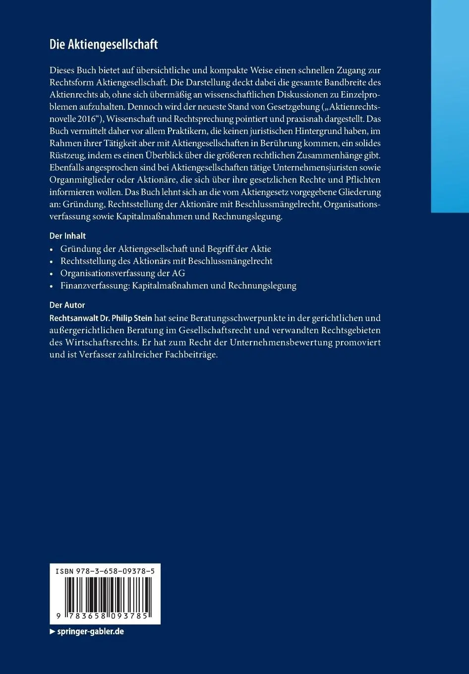Rückseite: 9783658093785 | Die Aktiengesellschaft | Gründung, Organisation, Finanzverfassung