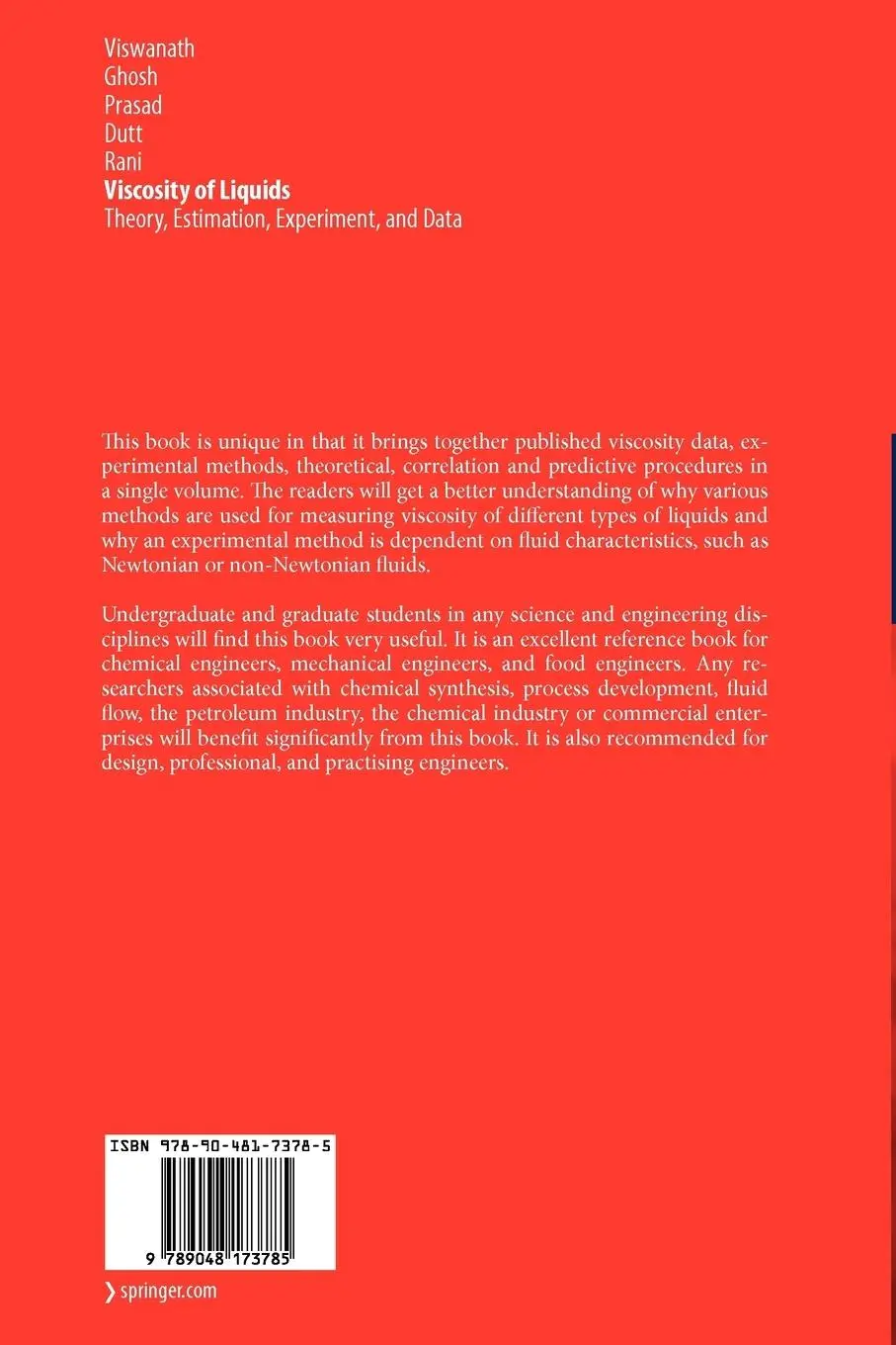 Rückseite: 9789048173785 | Viscosity of Liquids | Theory, Estimation, Experiment, and Data | Buch