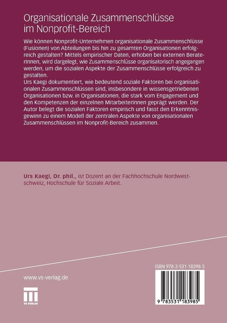 Rückseite: 9783531183985 | Organisationale Zusammenschlüsse im Nonprofit-Bereich | Urs Kaegi