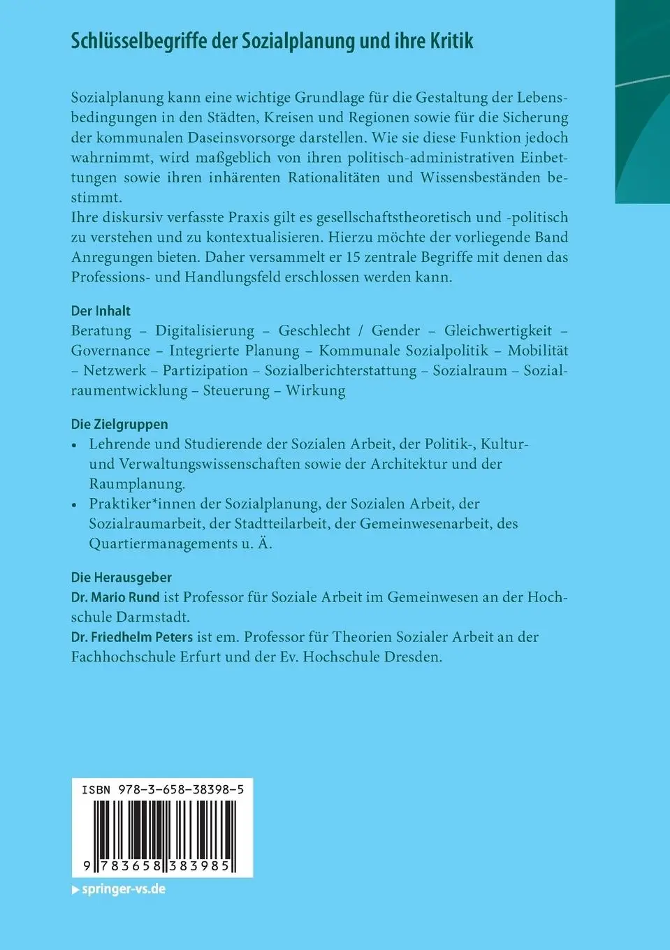 Rückseite: 9783658383985 | Schlüsselbegriffe der Sozialplanung und ihre Kritik | Peters (u. a.)