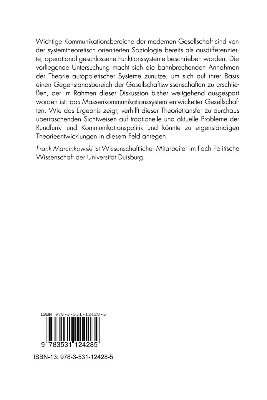 Rückseite: 9783531124285 | Publizistik als autopoietisches System | Frank Marcinkowski | Buch