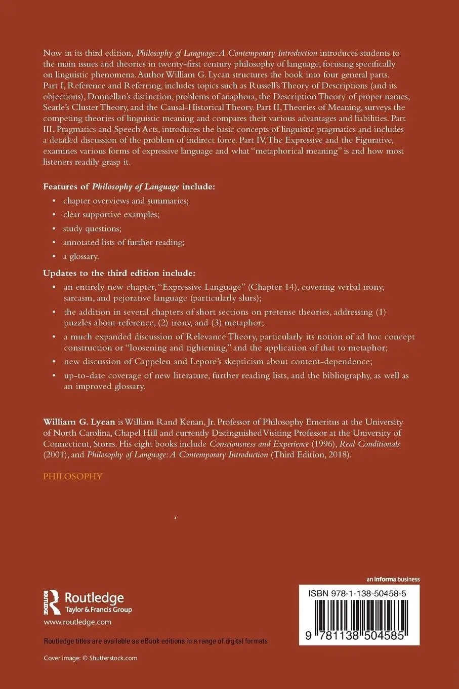 Rückseite: 9781138504585 | Philosophy of Language | A Contemporary Introduction | William G Lycan