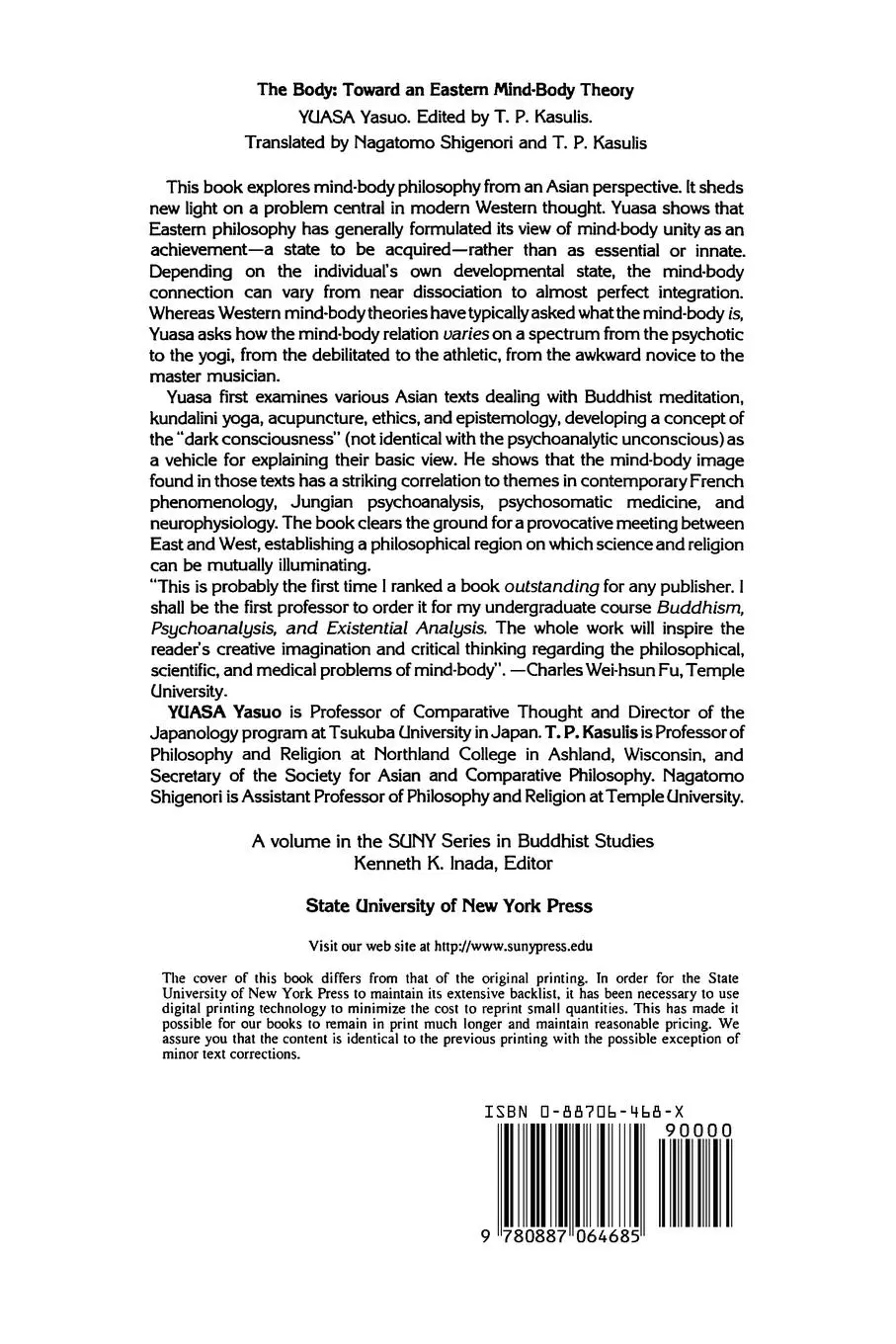 Rückseite: 9780887064685 | The Body | Toward an Eastern Mind-Body Theory | Yasuo Yuasa | Buch