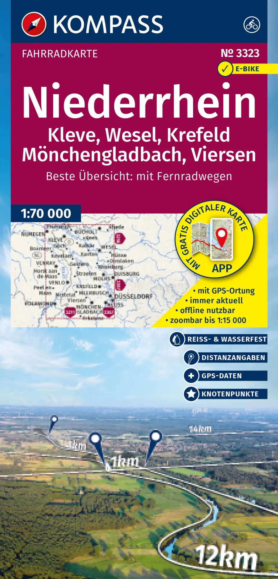 Cover: 9783991544685 | KOMPASS Fahrradkarte 3323 Niederrhein, Kleve, Wesel, Krefeld,...