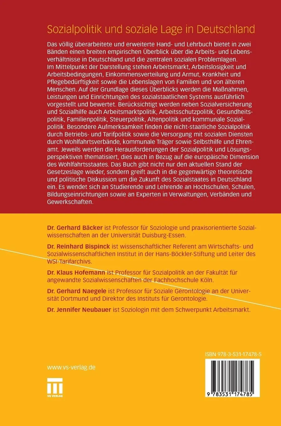 Rückseite: 9783531174785 | Sozialpolitik und soziale Lage in Deutschland | Naegele (u. a.) | Buch