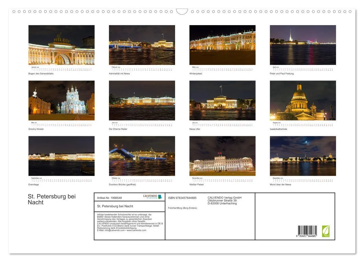 Bild: 9783457844885 | St. Petersburg bei Nacht (Wandkalender 2026 DIN A2 quer), CALVENDO...
