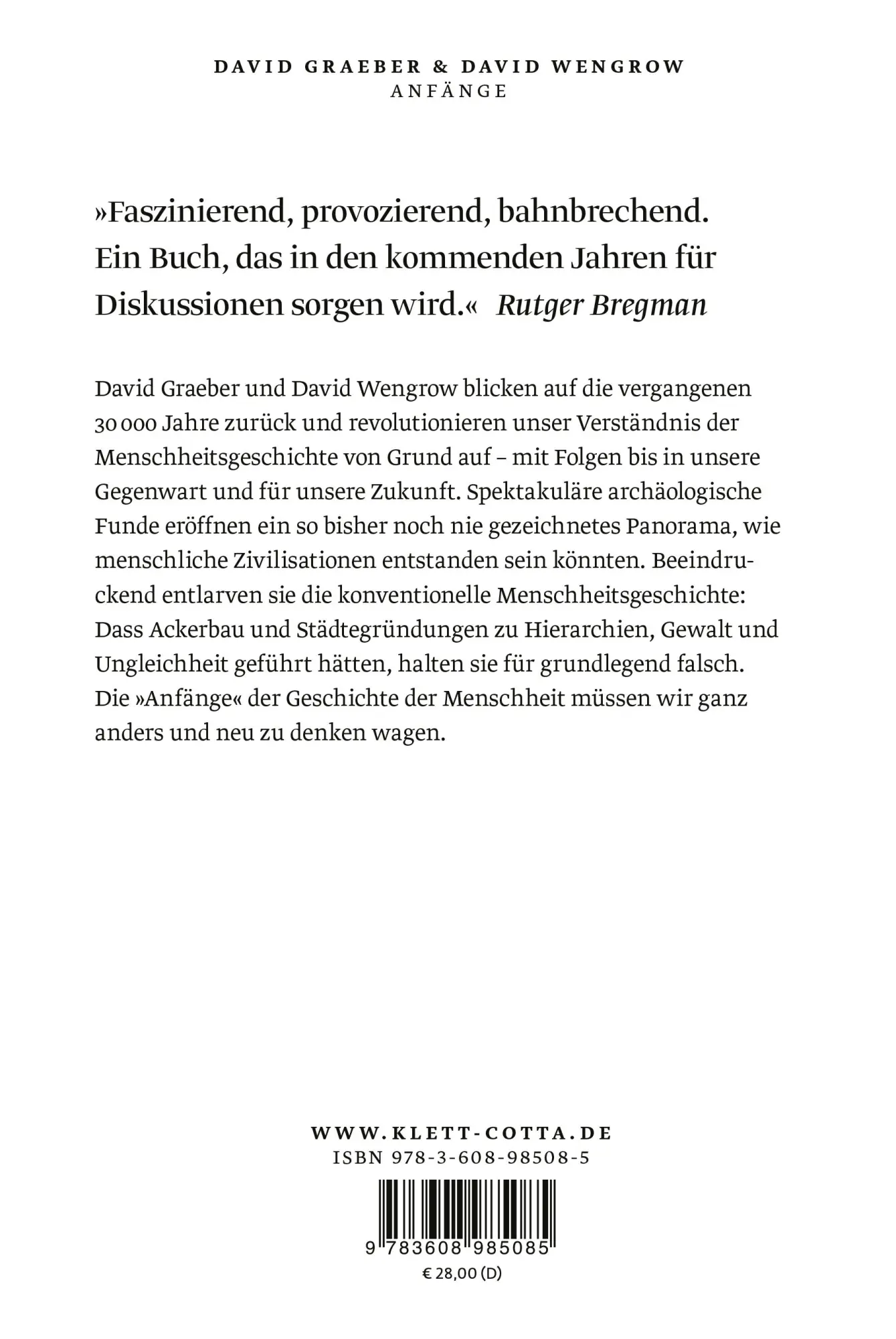 Rückseite: 9783608985085 | Anfänge | David Graeber (u. a.) | Buch | gebunden mit Schutzumschlag