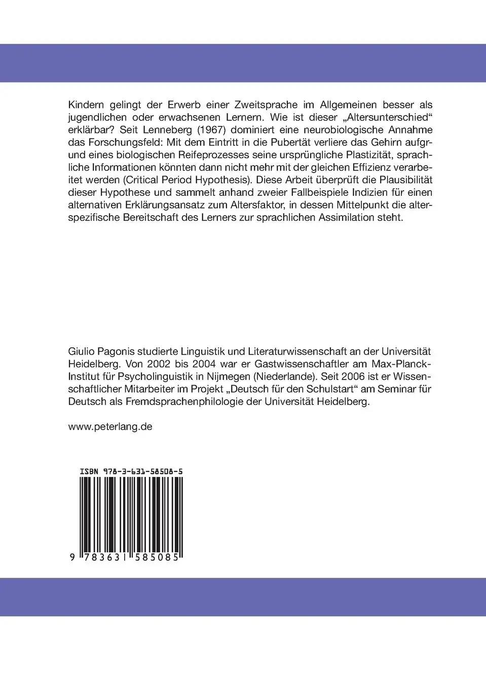 Rückseite: 9783631585085 | Kritische Periode oder altersspezifischer Antrieb | Giulio Pagonis