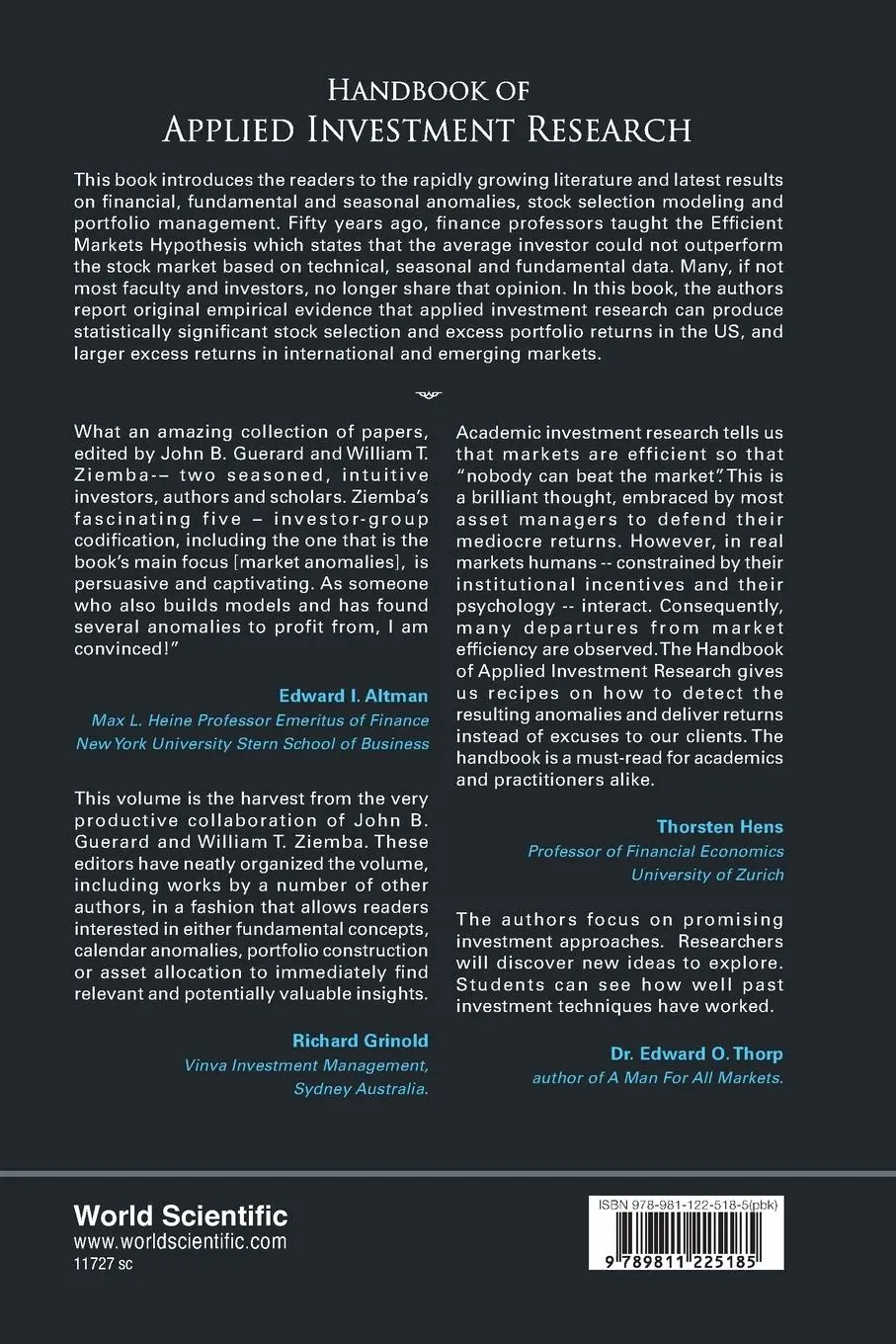 Rückseite: 9789811225185 | HANDBOOK OF APPLIED INVESTMENT RESEARCH | Guerard John B | Taschenbuch