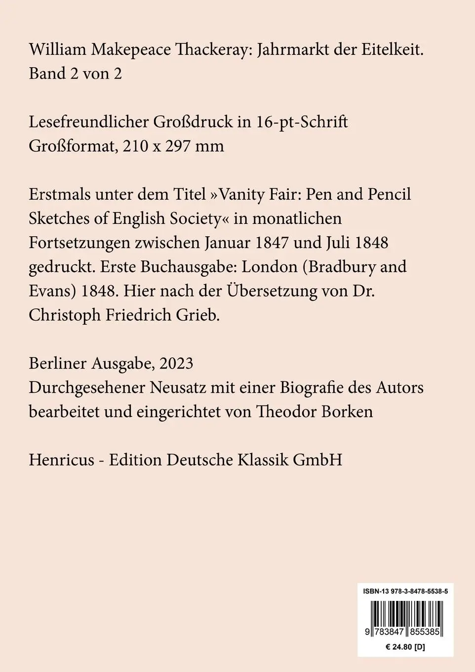 Rückseite: 9783847855385 | Jahrmarkt der Eitelkeit (Großdruck) | Band 2 von 2 | Thackeray | Buch