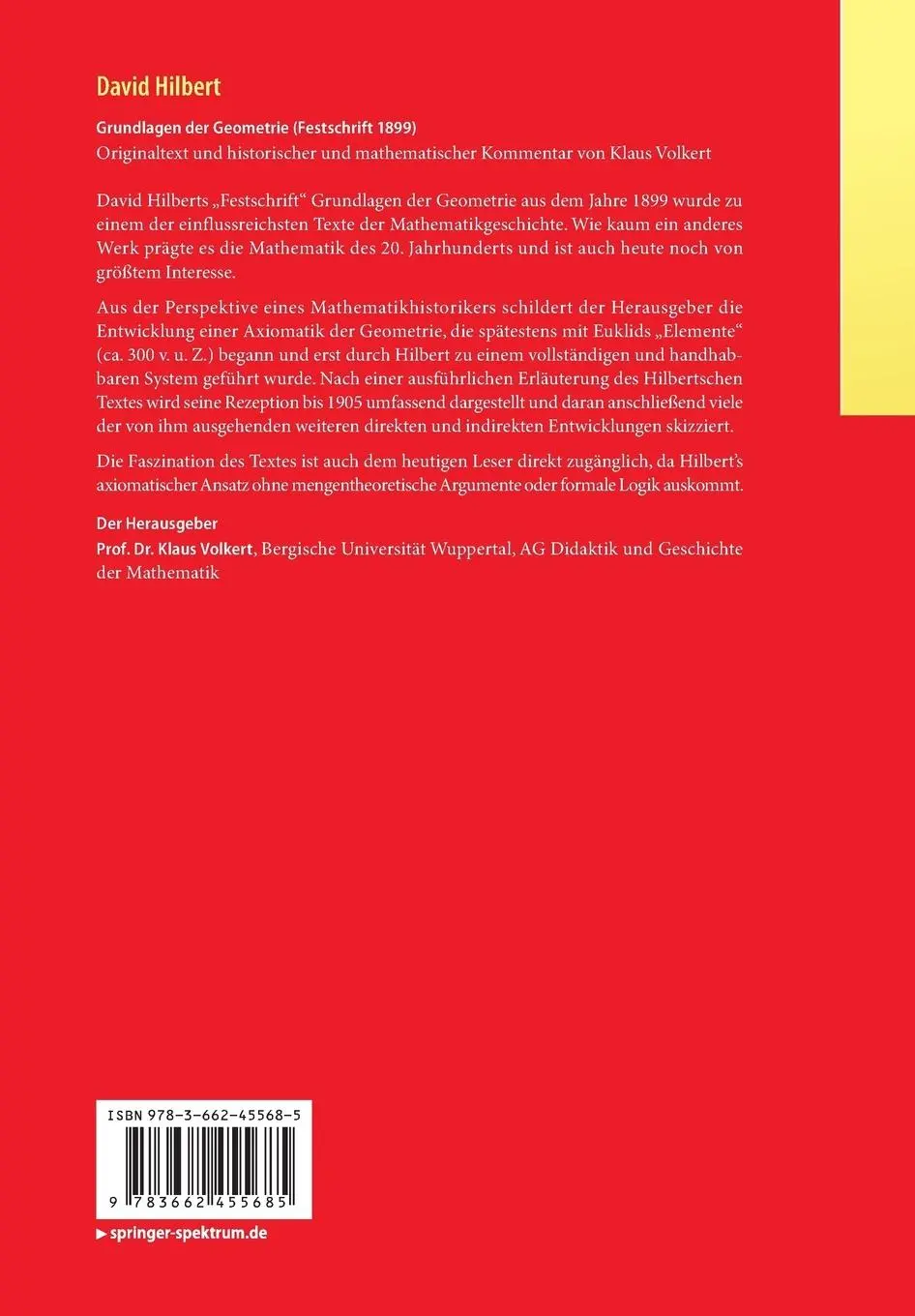 Rückseite: 9783662455685 | David Hilbert | Grundlagen der Geometrie (Festschrift 1899) | Volkert