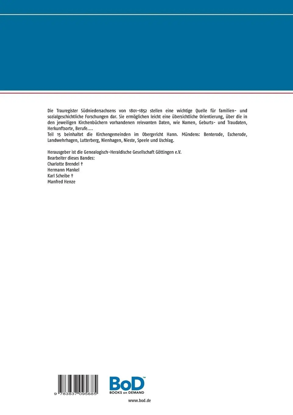 Rückseite: 9783837095685 | Trauregister aus den Kirchenbüchern Südniedersachsens 1801-1852 | V.