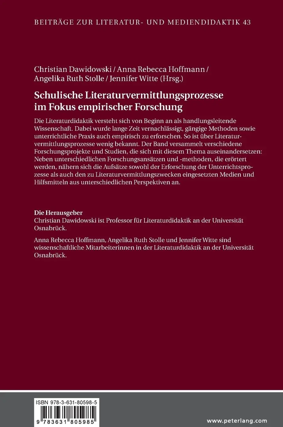 Rückseite: 9783631805985 | Schulische Literaturvermittlungsprozesse im Fokus empirischer...