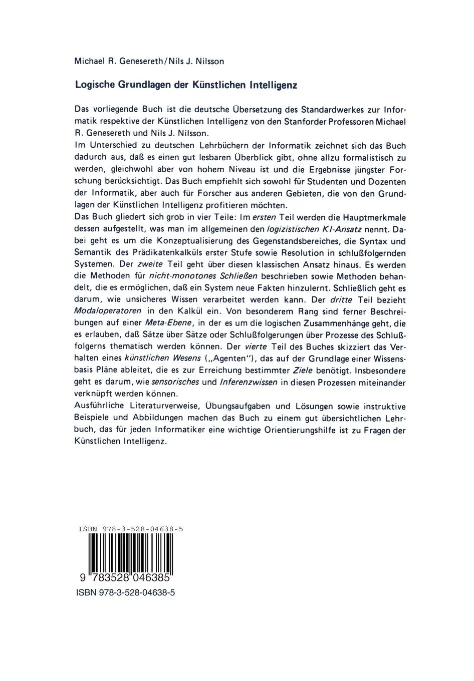 Rückseite: 9783528046385 | Logische Grundlagen der Künstlichen Intelligenz | Nils J. Nilsson