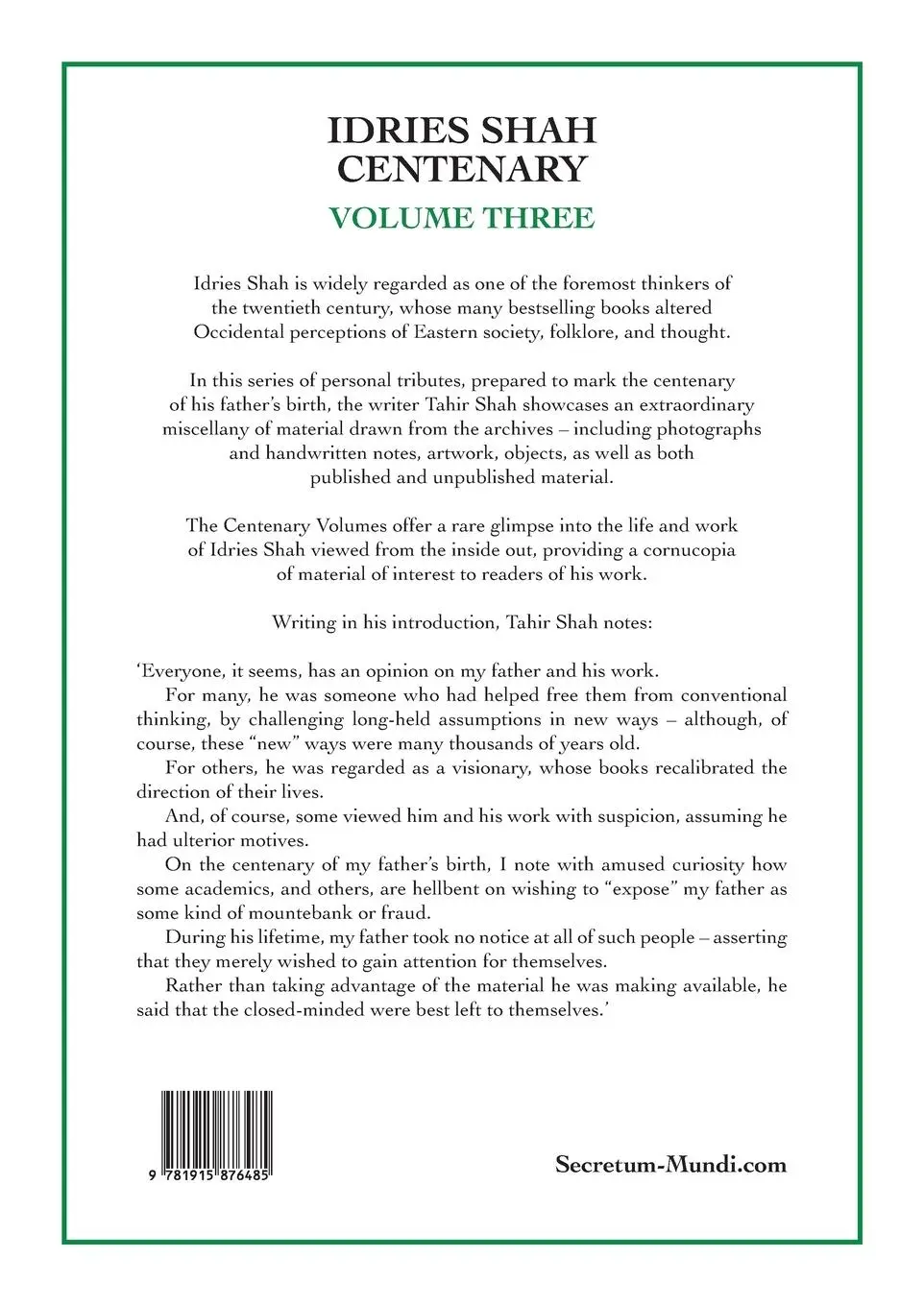 Rückseite: 9781915876485 | Idries Shah Centenary | Volume Three | Tahir Shah | Taschenbuch | 2024