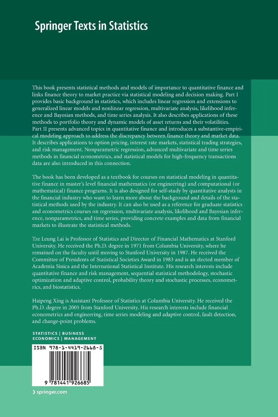 Rückseite: 9781441926685 | Statistical Models and Methods for Financial Markets | Xing (u. a.)