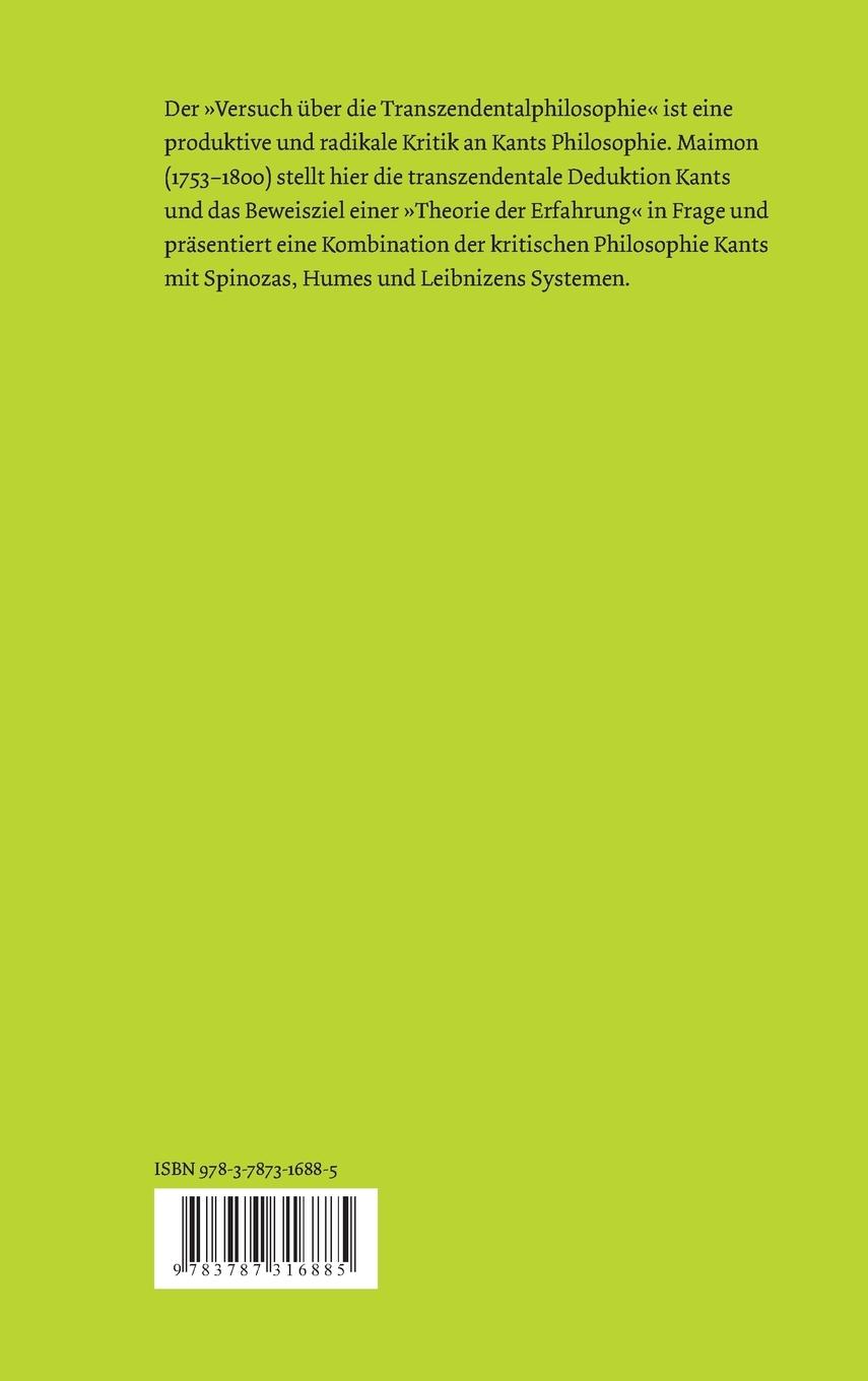 Rückseite: 9783787316885 | Versuch über die Transzendentalphilosophie | Salomon Maimon | Buch