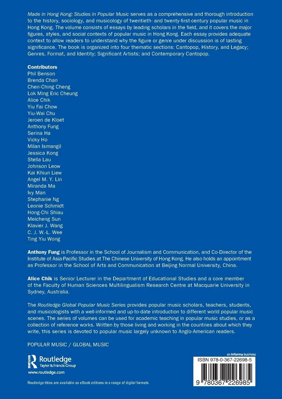 Rückseite: 9780367226985 | Made in Hong Kong | Studies in Popular Music | Anthony Fung (u. a.)