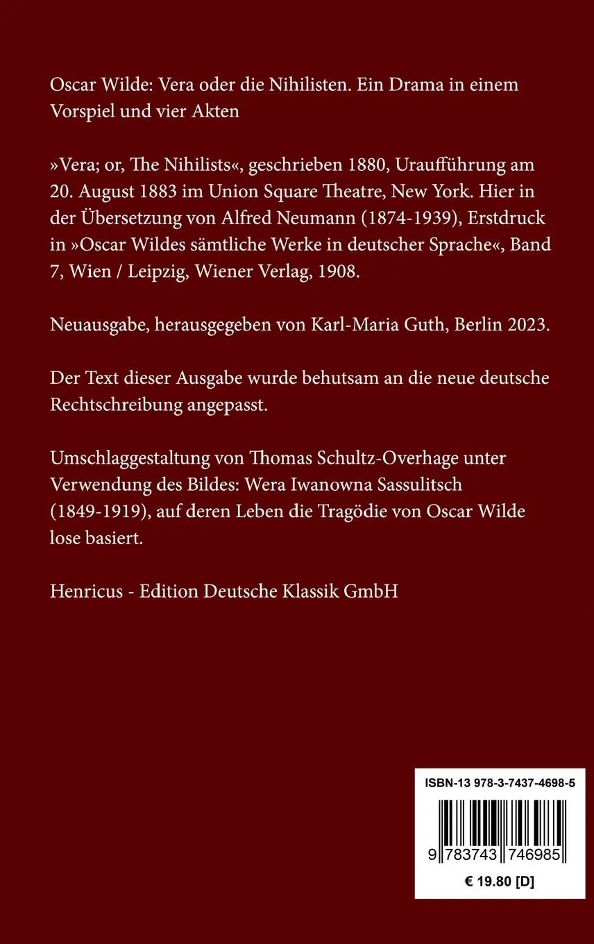 Rückseite: 9783743746985 | Vera oder die Nihilisten | Ein Drama in einem Vorspiel und vier Akten