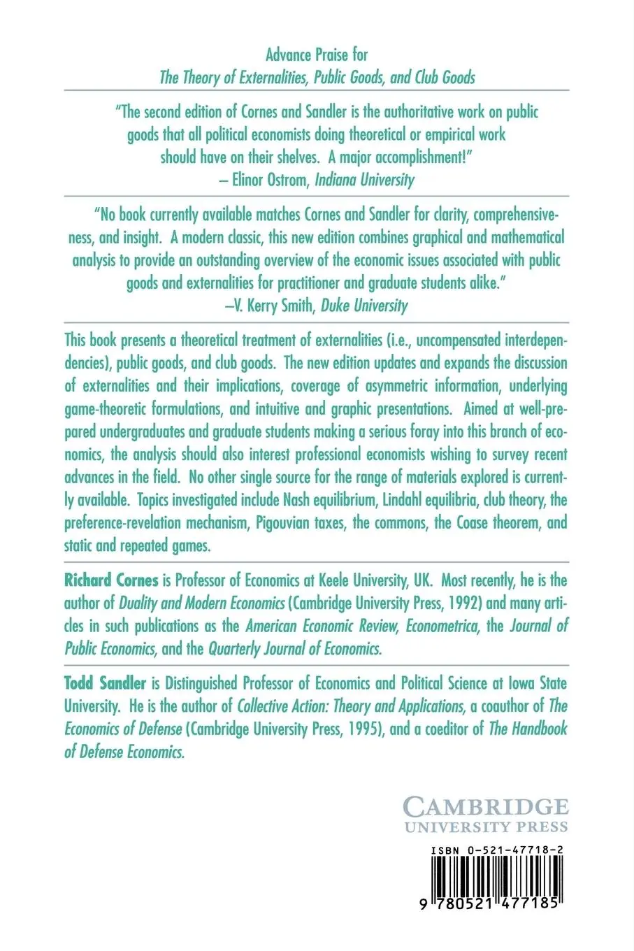 Rückseite: 9780521477185 | The Theory of Externalities, Public Goods, and Club Goods | Cornes