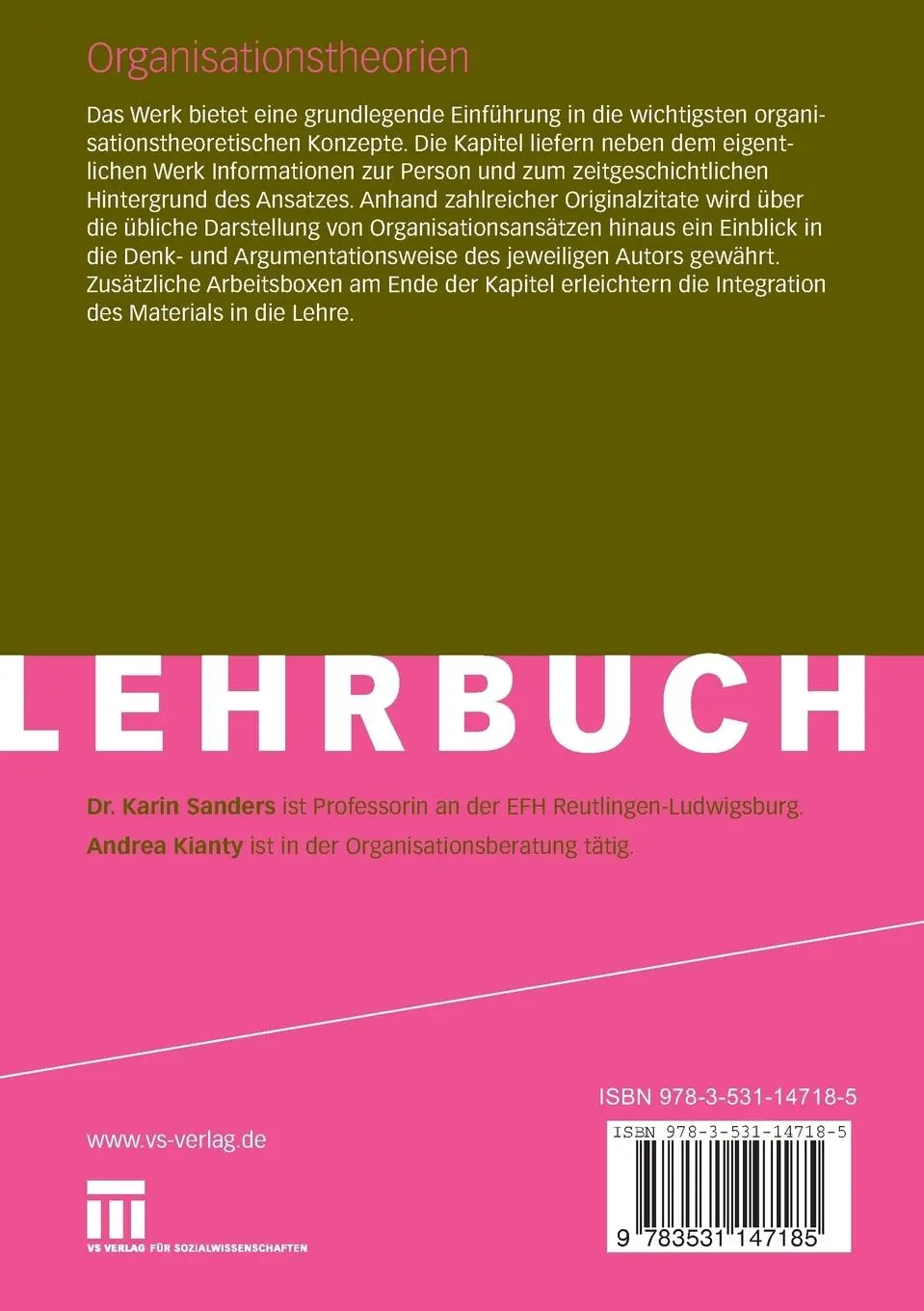 Rückseite: 9783531147185 | Organisationstheorien | Eine Einführung | Andrea Kianty (u. a.) | Buch