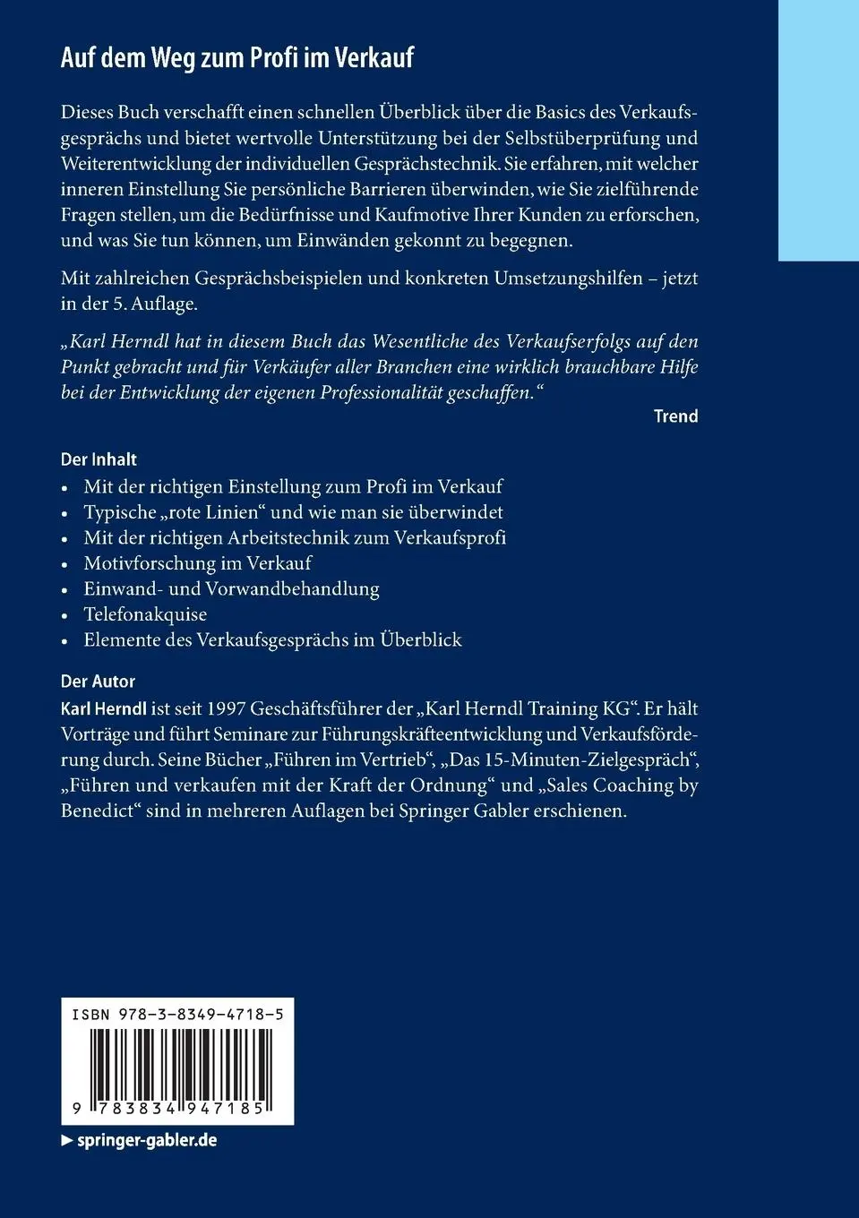Rückseite: 9783834947185 | Auf dem Weg zum Profi im Verkauf | Karl Herndl | Taschenbuch | xi