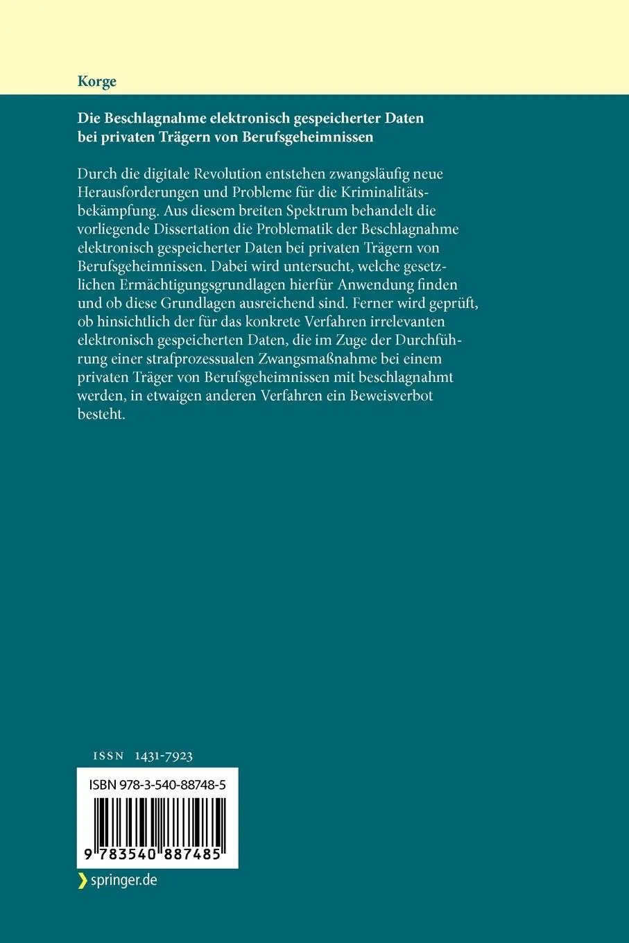 Rückseite: 9783540887485 | Die Beschlagnahme elektronisch gespeicherter Daten bei privaten...
