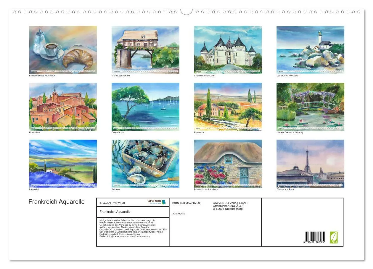 Bild: 9783457887585 | Frankreich Aquarelle (Wandkalender 2026 DIN A2 quer), CALVENDO...