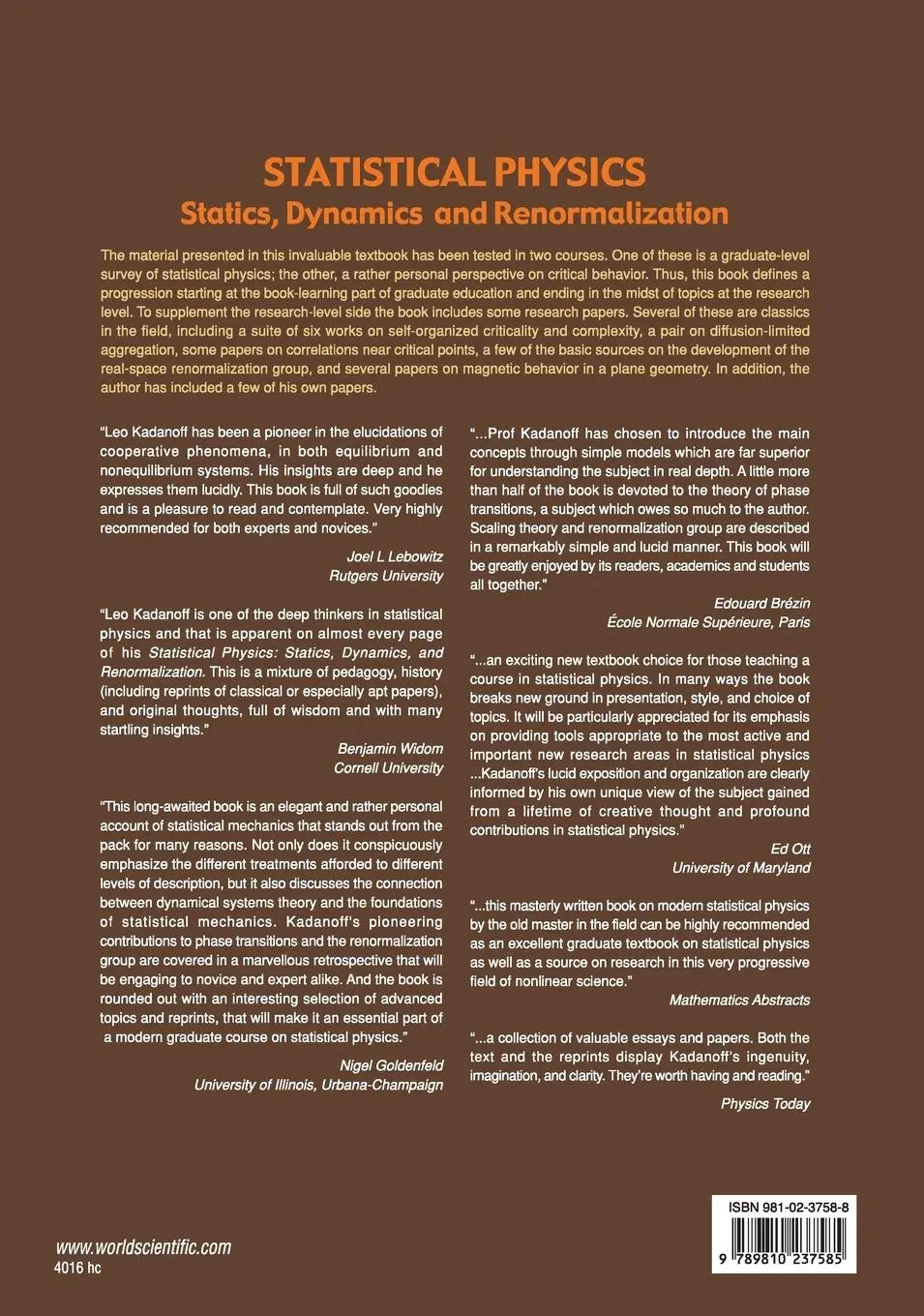 Rückseite: 9789810237585 | STATISTICAL PHYSICS | STATICS, DYNAMICS... | Kadanoff Leo P | Buch