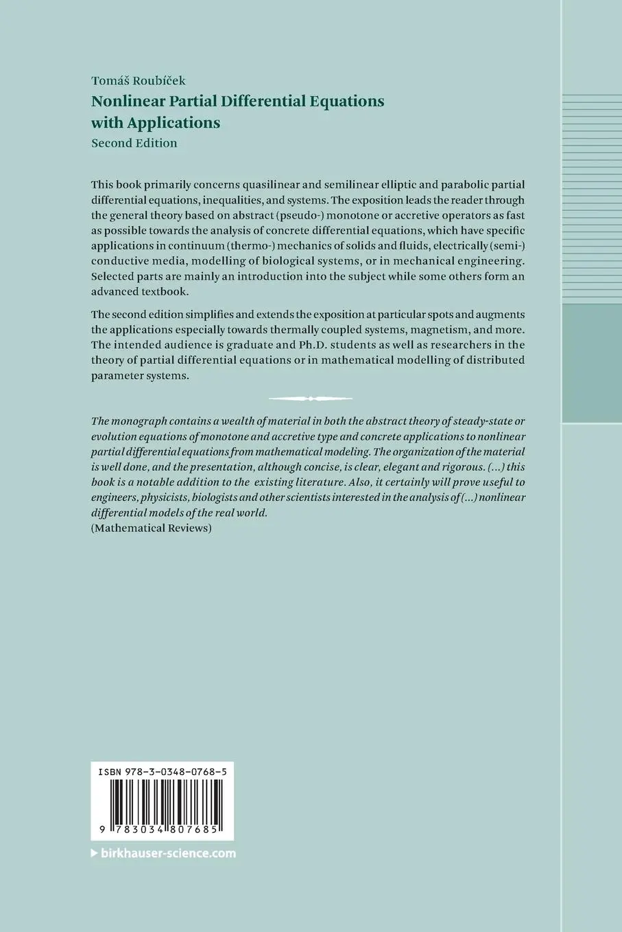 Rückseite: 9783034807685 | Nonlinear Partial Differential Equations with Applications | Roubí¿ek