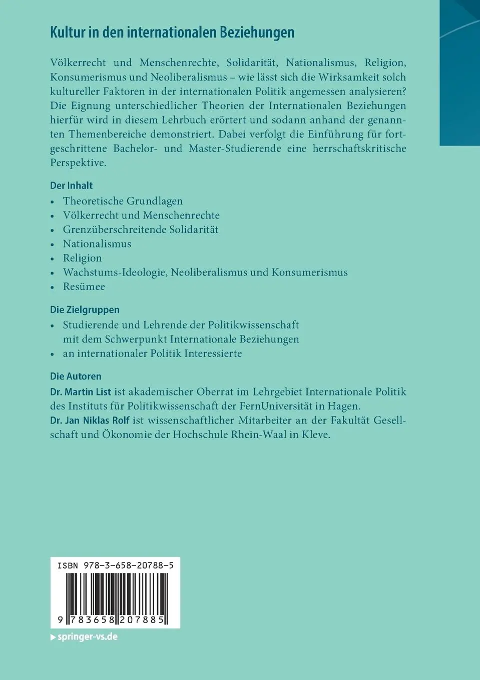 Rückseite: 9783658207885 | Kultur in den internationalen Beziehungen | Martin List (u. a.) | Buch