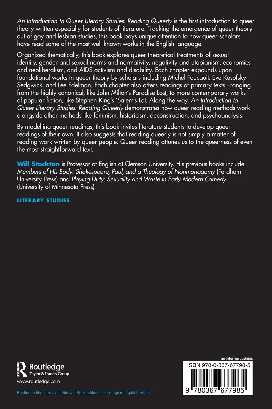 Rückseite: 9780367677985 | An Introduction to Queer Literary Studies | Reading Queerly | Stockton