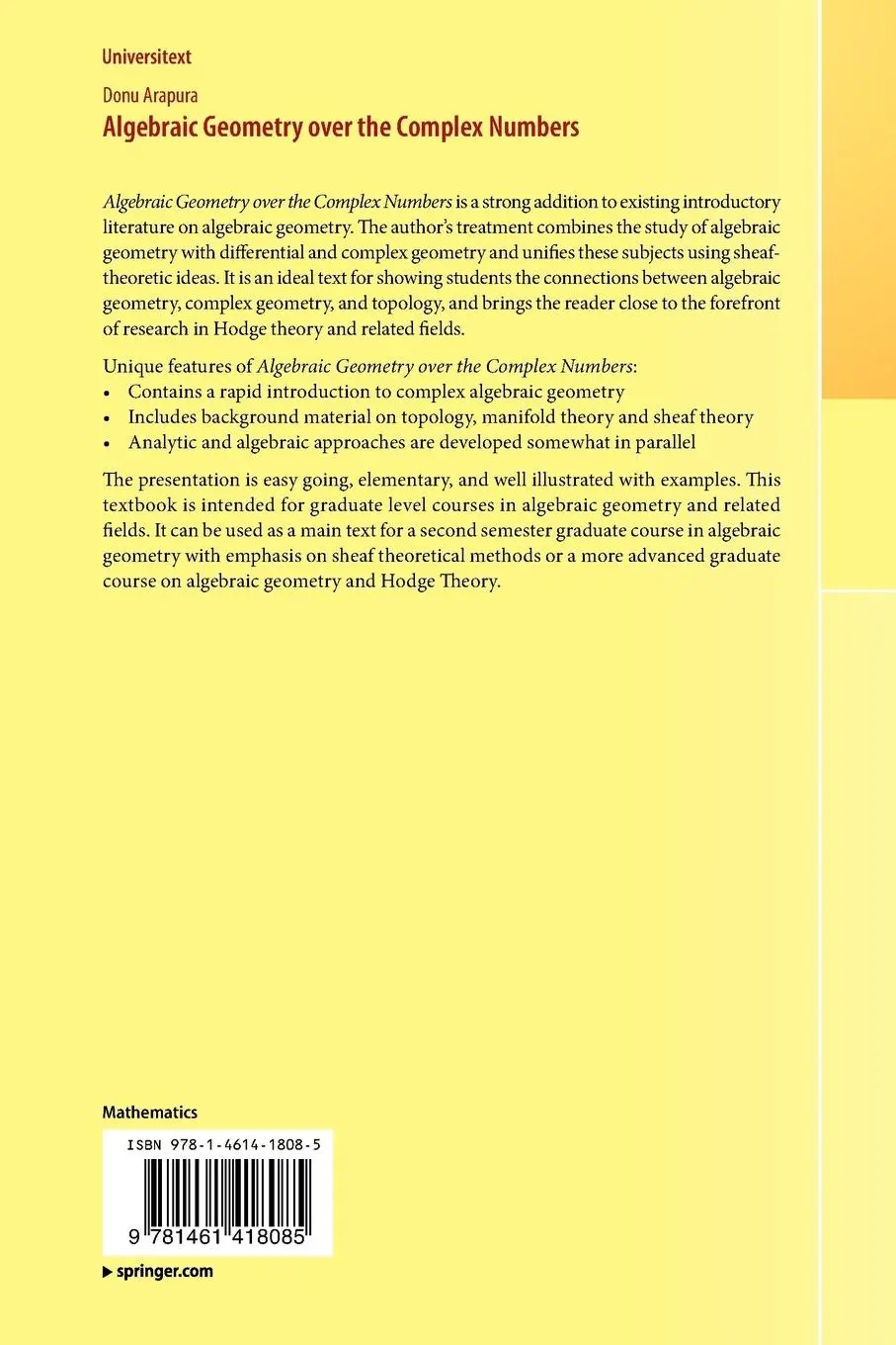 Rückseite: 9781461418085 | Algebraic Geometry over the Complex Numbers | Donu Arapura | Buch
