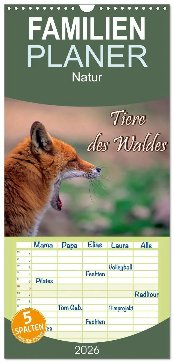 Cover: 9783516518085 | Familienplaner 2026 - Tiere des Waldes mit 5 Spalten (Wandkalender,...