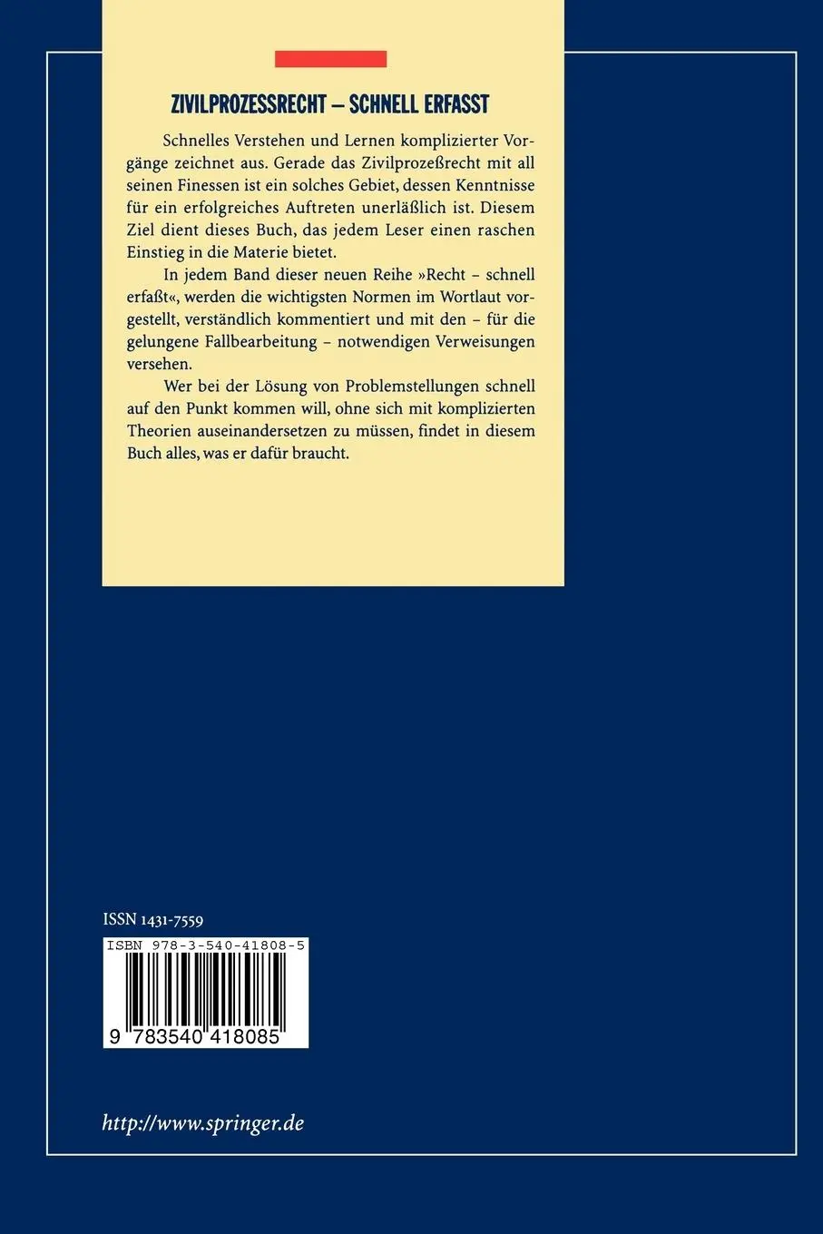 Rückseite: 9783540418085 | Zivilprozeßrecht | Schnell erfaßt | Hermann Fenger | Taschenbuch