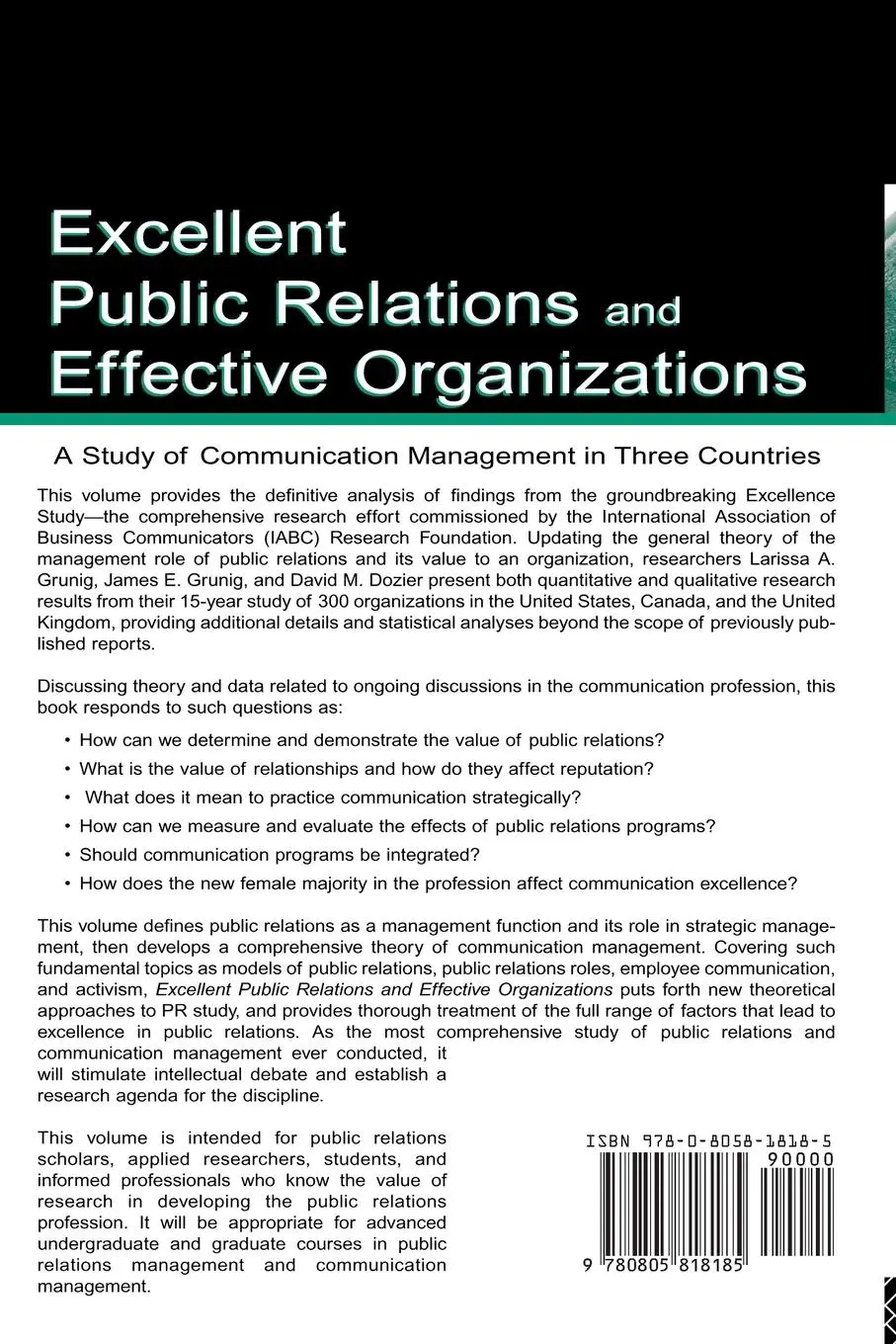 Rückseite: 9780805818185 | Excellent Public Relations and Effective Organizations | Taschenbuch