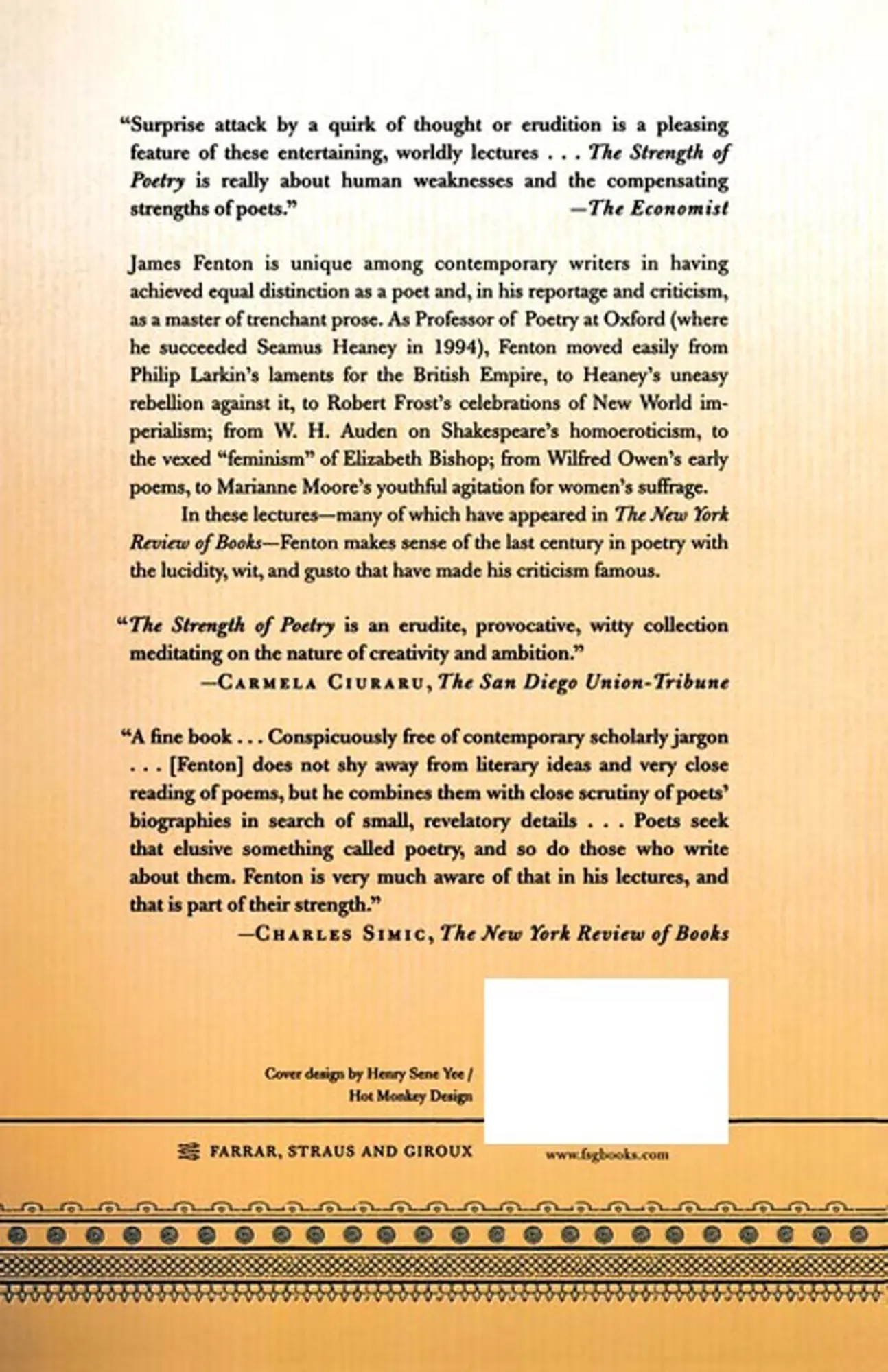 Rückseite: 9780374528485 | The Strength of Poetry | Oxford Lectures | James Fenton | Taschenbuch