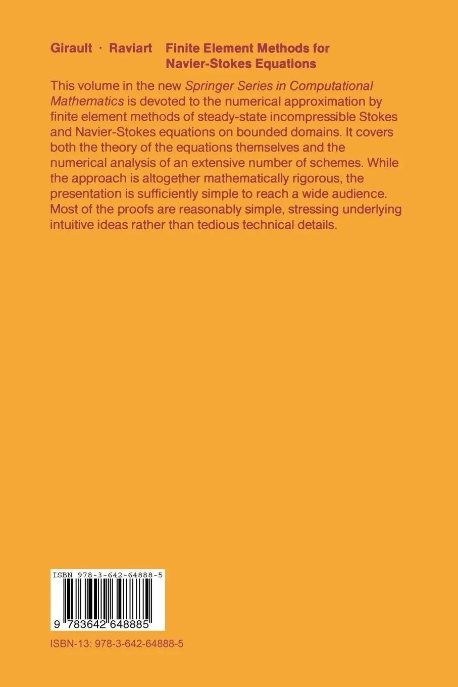Rückseite: 9783642648885 | Finite Element Methods for Navier-Stokes Equations | Raviart (u. a.)