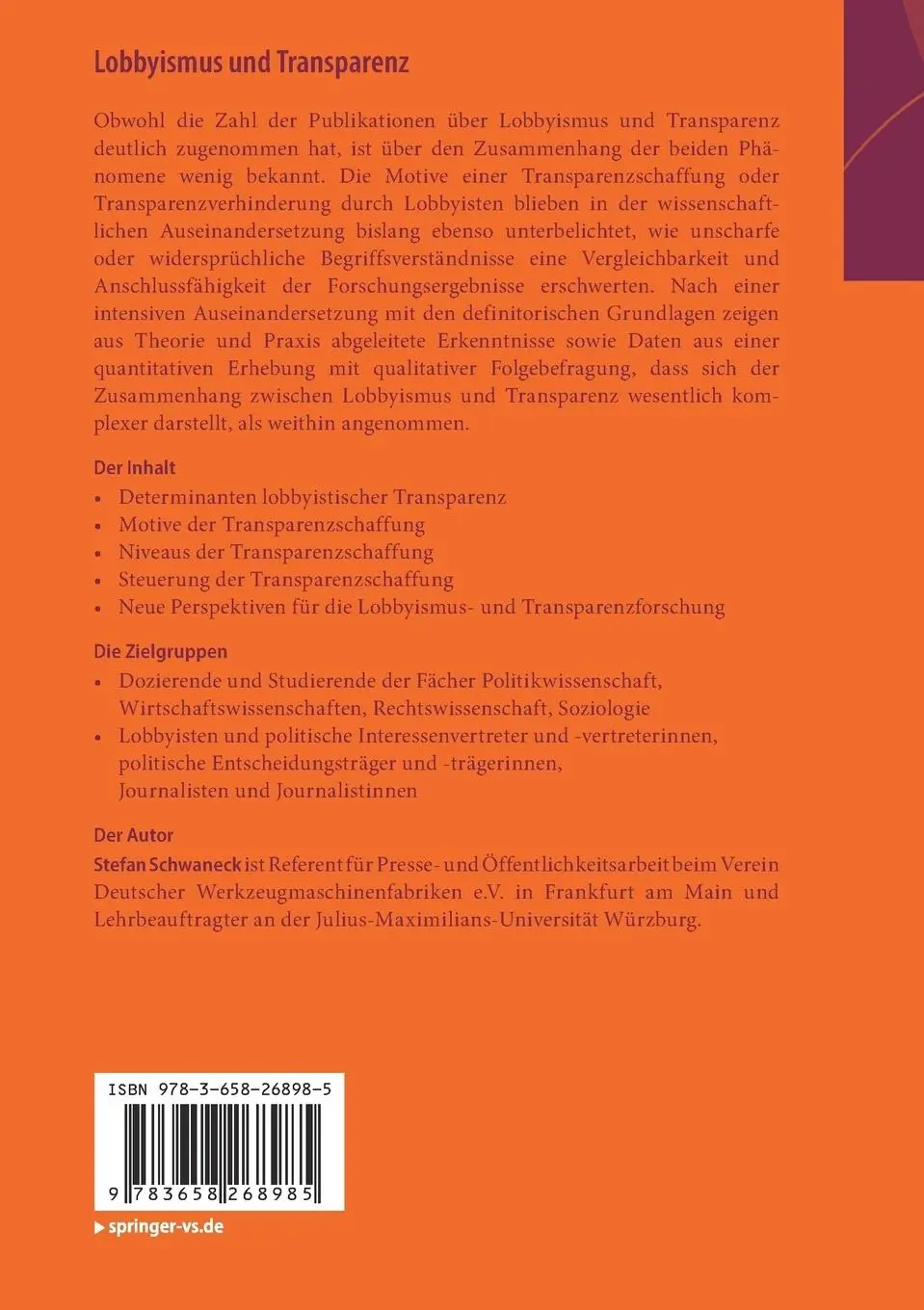 Rückseite: 9783658268985 | Lobbyismus und Transparenz | Stefan Schwaneck | Taschenbuch | xviii