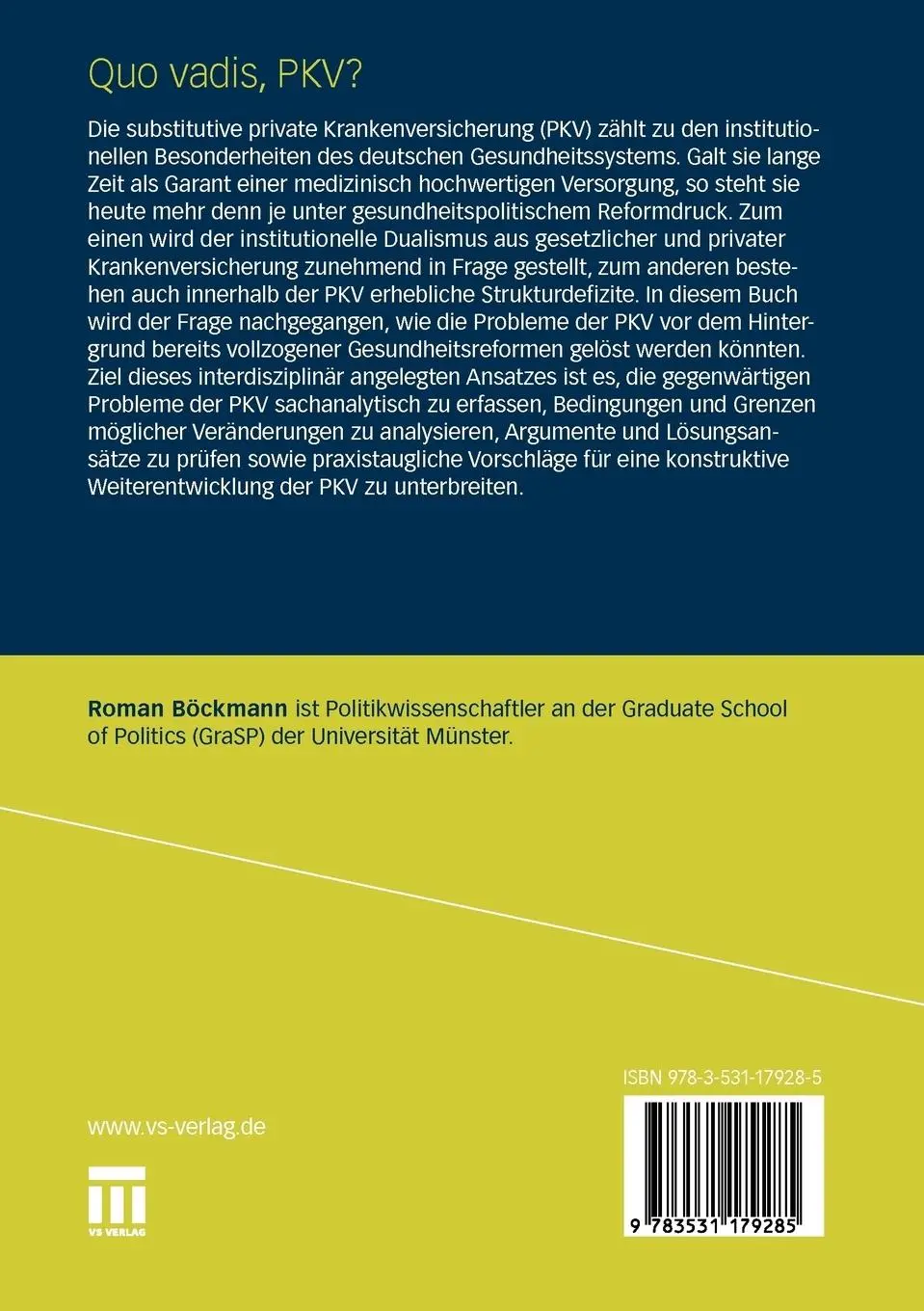 Rückseite: 9783531179285 | Quo vadis, PKV? | Eine Branche mit dem Latein am Ende? | Böckmann